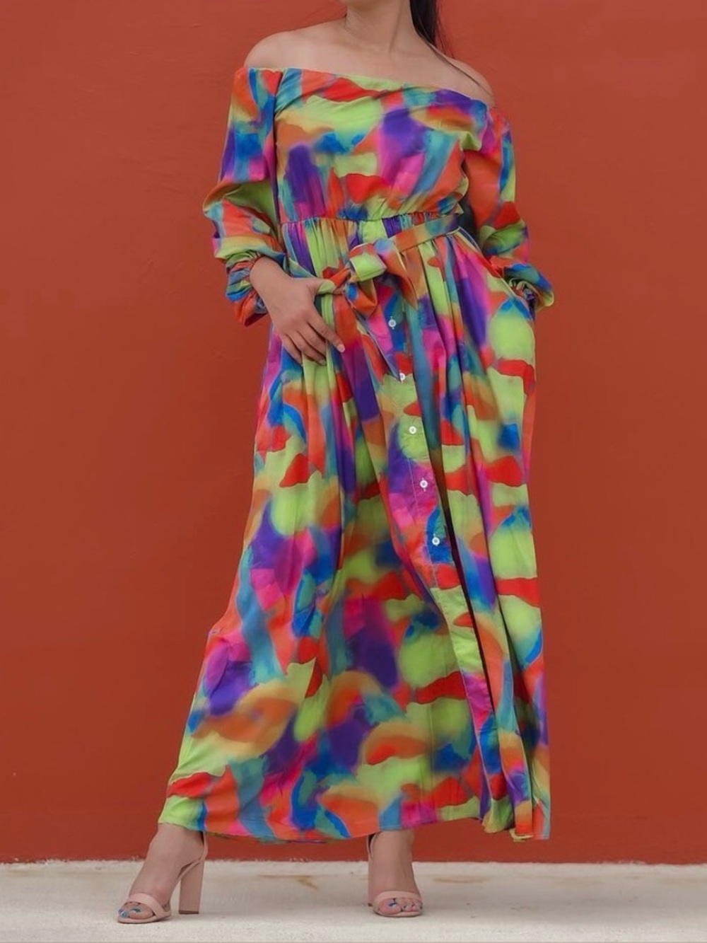 Vibrant Multicolor Off-Shoulder Maxi Dress